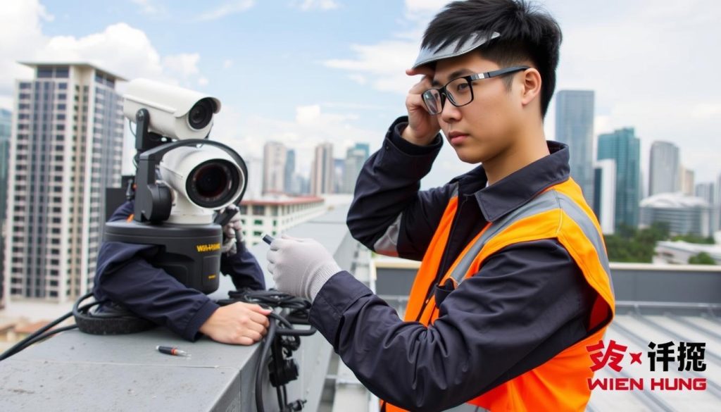 CCTV technician conducting security camera maintenance