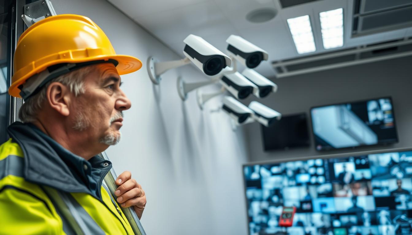 CCTV maintenance professional checking security cameras