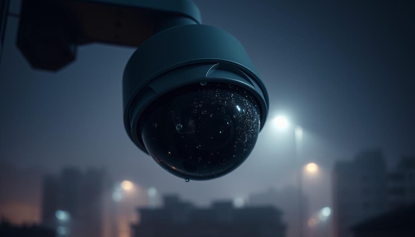 foggy CCTV camera lens at night